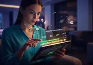 Nainen käyttää tablettia, jossa on virtuaalinen käyttöliittymä